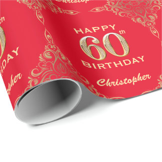 Papel De Presente 60º aniversário, Vermelho e Dourado quadro de bril
