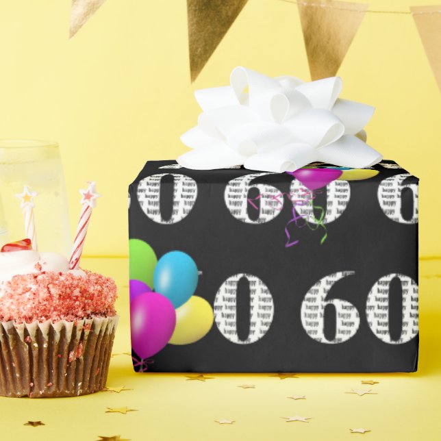 Papel De Presente 60º Balões Felizes De Aniversário A Preto (Festa de aniversário)