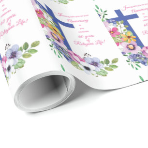 Papel De Presente 60th Aniversário, freira, cruz religiosa da vida