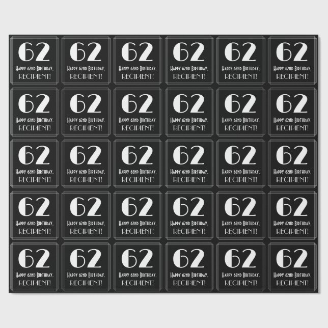 Papel De Presente 62º Aniversário - Art Deco Inspirou "62", Nome (Aberto)