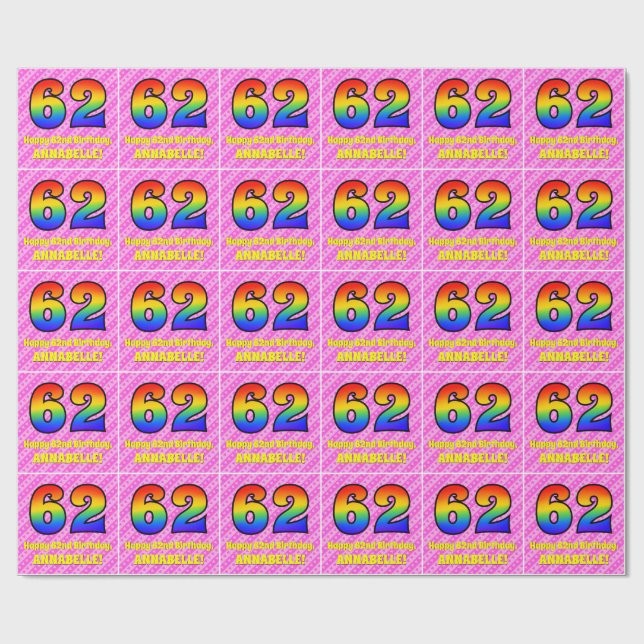 Papel De Presente 62º Aniversário: Stripes e Corações Rosa, Arco-Íri (Aberto)