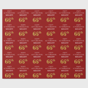 Papel De Presente 66.o aniversário: Elegante, Vermelho, Faux Dourado