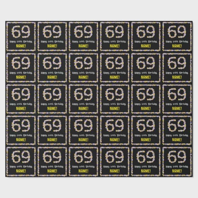 Papel De Presente 69.o aniversário: Número de Flores, Nome Personali (Barra)