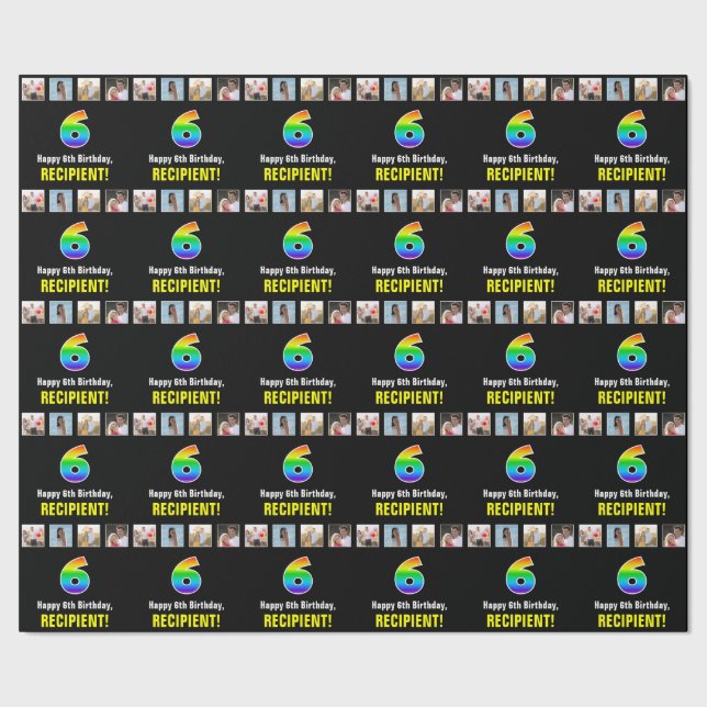 Papel De Presente 6 Aniversário: Arco-Íris "6"; Fotografias e Nome P (Barra)