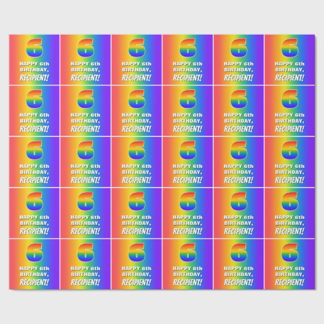 Papel De Presente 6 Aniversário: Padrão Arco-Íris Colorido e Diverti (Barra)