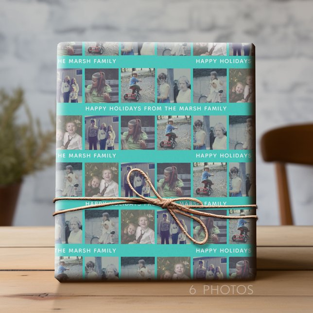 Papel De Presente 6 Colagem de Fotos com Texto de Férias Felizes Aqu (Custom Photo Wrapping Paper)