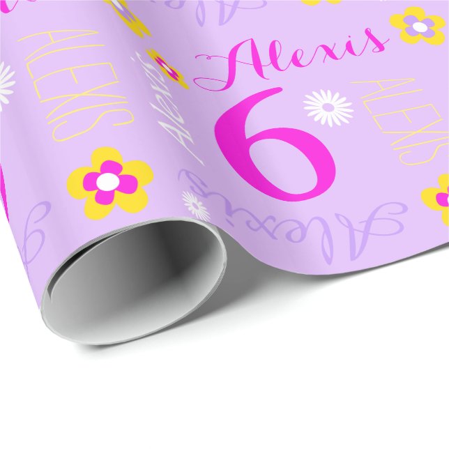Papel De Presente 6 de aniversário de flower personalizado roxo (Ponta do rolo)