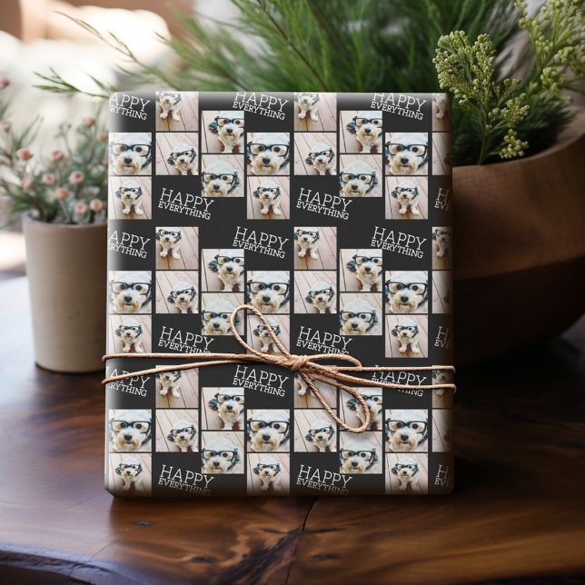 Papel De Presente 6 Fotos Feliz Tudo Minimal Preta e Branca (Personalized Photo Wrapping Paper)