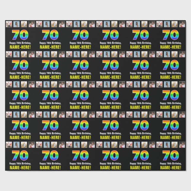Papel De Presente 70 Aniversário: Arco-Íris "70"; Fotografias e Nome (Barra)