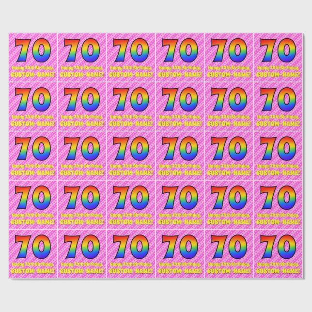 Papel De Presente 70 Aniversário: Tiras e Corações Rosa, Arco-Íris # (Aberto)