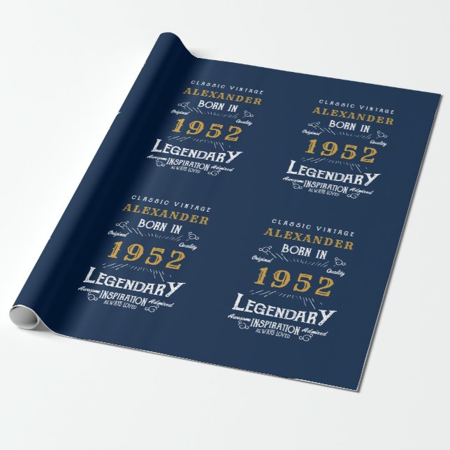 Papel De Presente 70 Birthday 1952 Blue Dourado Add Name Legendary (Desenrolado)