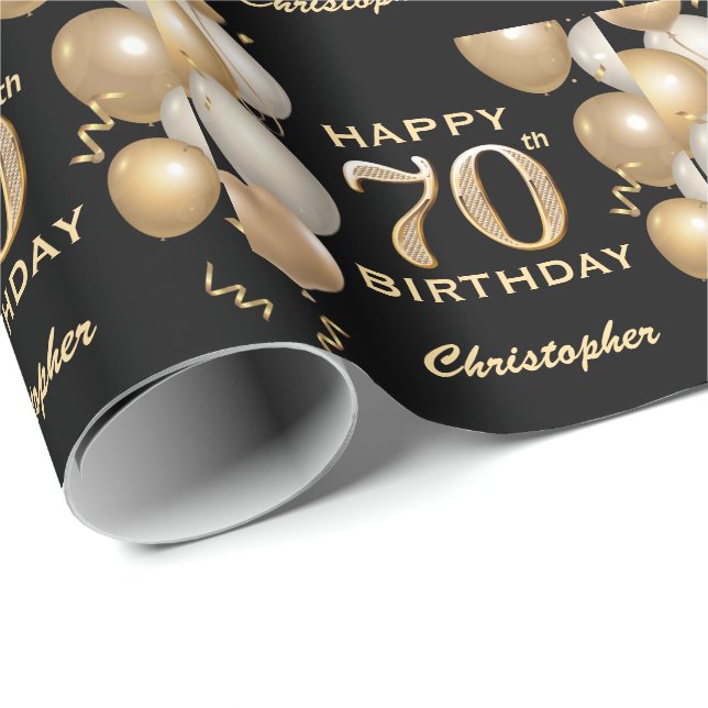Papel De Presente 70 Birthday Black and Dourado Glitter Balloons (Ponta do rolo)