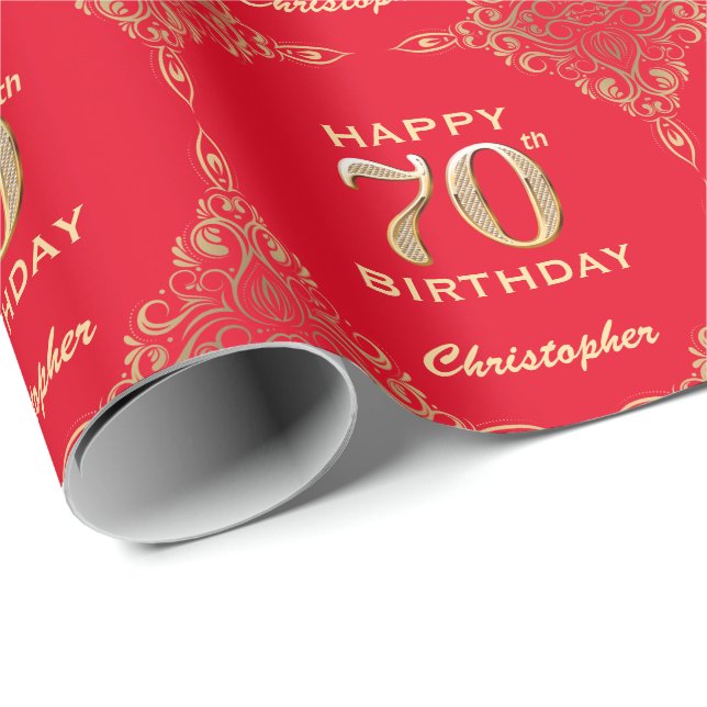 Papel De Presente 70 Birthday Red and Dourado Glitter Frame (Ponta do rolo)
