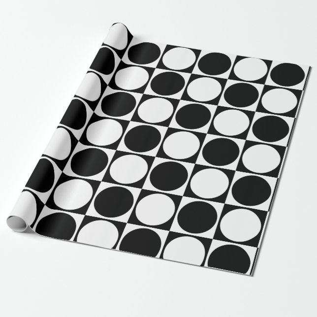 Papel De Presente 70s Checks and Circles Black and White (Desenrolado)