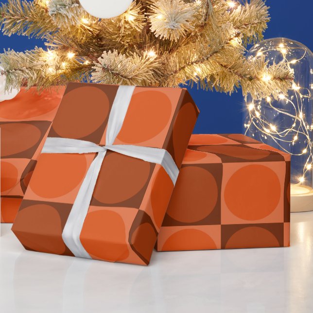 Papel De Presente 70s Checks and Circles Flame Orange (Feriados)