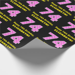 Papel De Presente 74.o aniversário: Listras e Corações Rosa "74" 