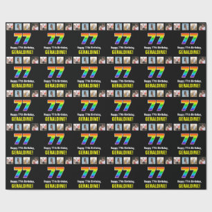 Papel De Presente 77.º aniversário: Rainbow "77"; Fotos e nome perso
