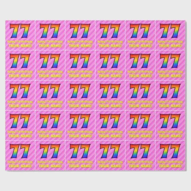 Papel De Presente 77.º aniversário: Stripes e corações cor-de-rosa,  (Aberto)