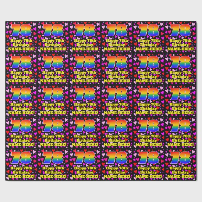 Papel De Presente 78th Birthday: Loving Hearts Pattern, Rainbow # 78 (Barra)