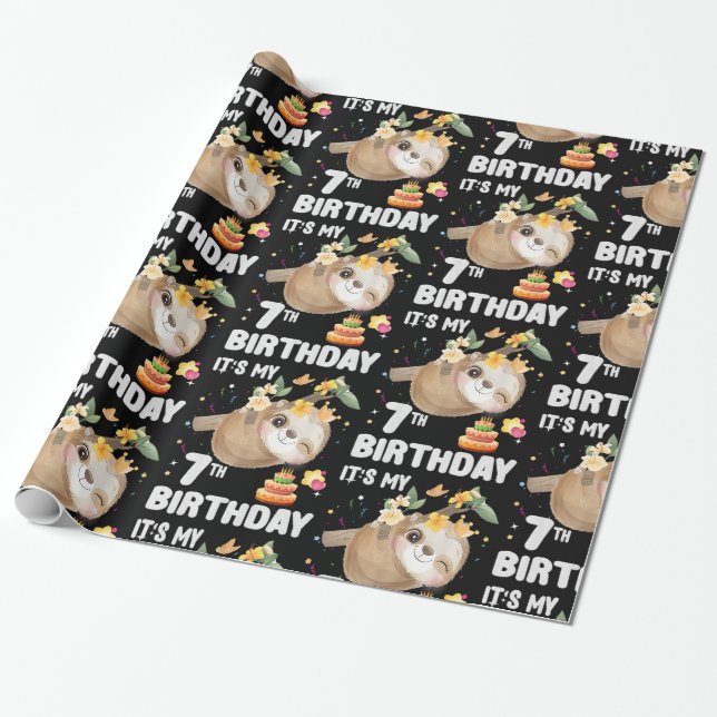 Papel De Presente 7 Birthday Sloth Girl Party Cute Sloover (Desenrolado)