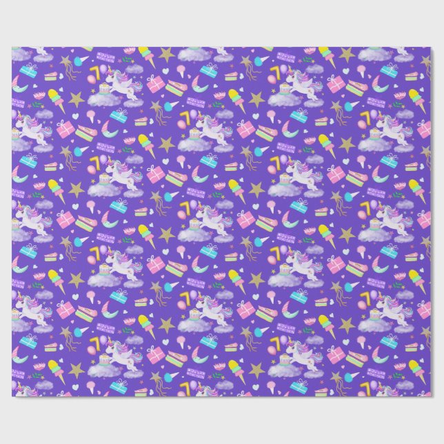 Papel De Presente 7 Birthday Unicorn Pattern Roxo (Aberto)