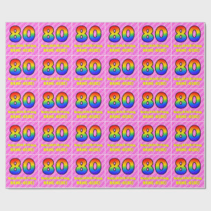 Papel De Presente 80 Aniversário: Tiras e Corações Rosa, Arco-Íris #