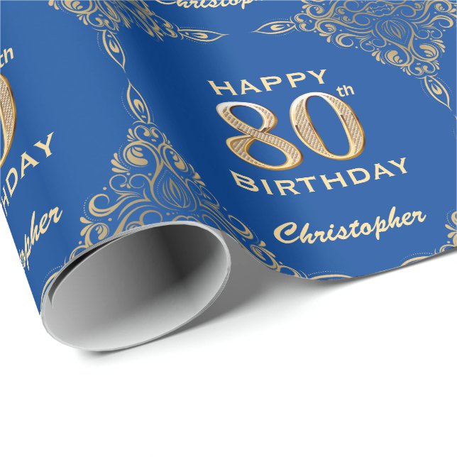 Papel De Presente 80 Birthday Blue e Dourado quadro Glitter (Ponta do rolo)