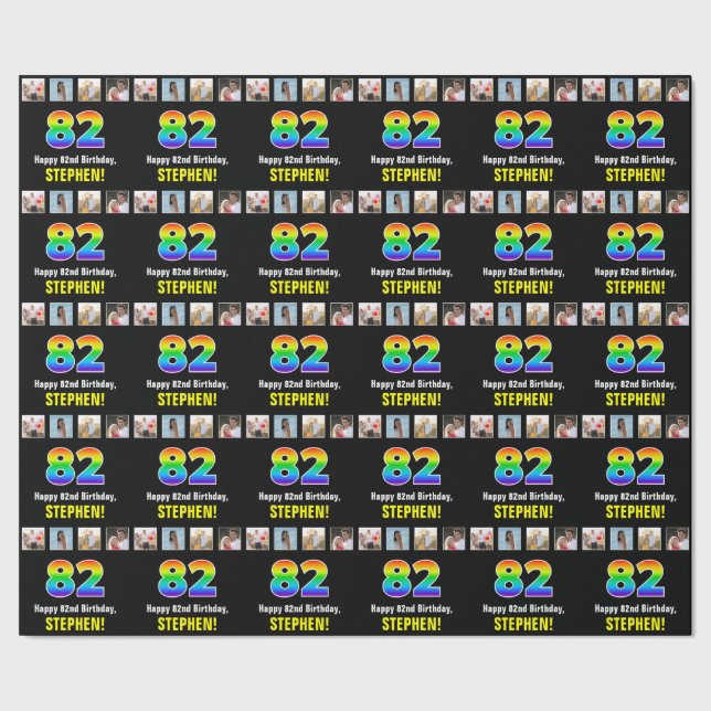 Papel De Presente 82º aniversário: Rainbow "82"; Fotos e nome person (Barra)