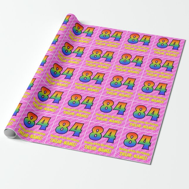 Papel De Presente 84.º Aniversário: Stripes e Corações Rosa, Arco-Ír (Desenrolado)
