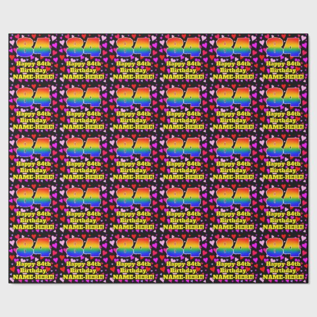 Papel De Presente 84th Birthday: Loving Hearts Pattern, Rainbow # 84 (Barra)