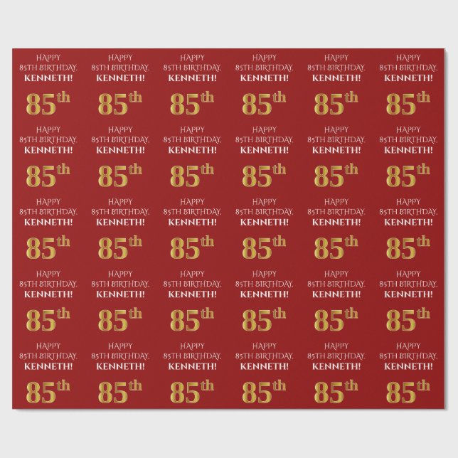 Papel De Presente 85.º aniversário: Elegante, Vermelho, Faux Dourado (Aberto)