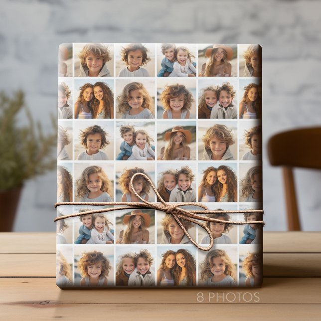 Papel De Presente 8 Colagem de Fotos - Grade Mínima Moderna com Bran (Custom Photo Collage Wrapping Paper - All Occasion)