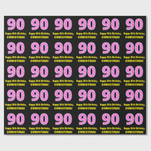 Papel De Presente 90 Aniversário: Listras e Corações Rosa "90" + Nom