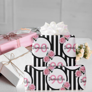 Papel De Presente 90 aniversário rosas rosa-chic listras brancas pr