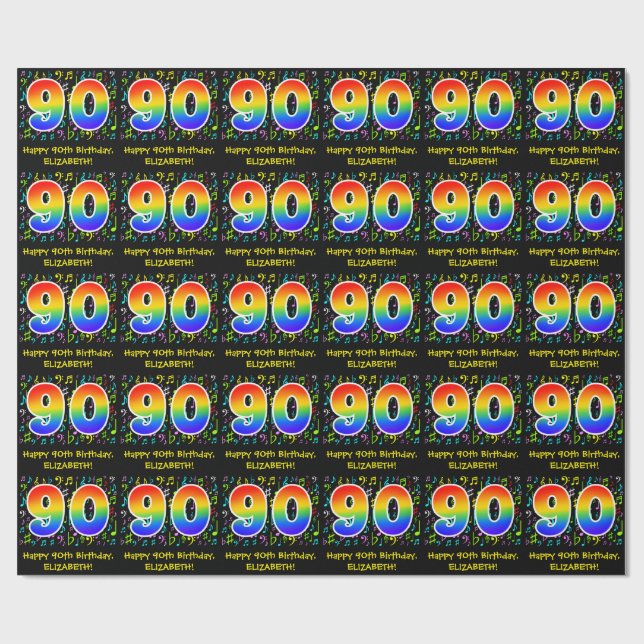 Papel De Presente 90 Aniversário: Símbolos Musicais Coloridos, Rainb (Aberto)