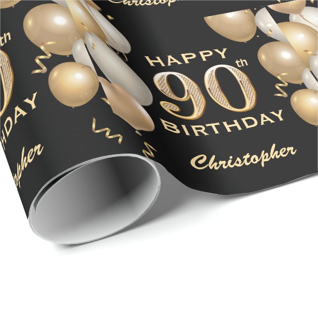 Papel De Presente 90 Birthday Black and Dourado Glitter Balloons (Ponta do rolo)