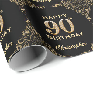 Papel De Presente 90 Birthday Black and Dourado Glitter Frame