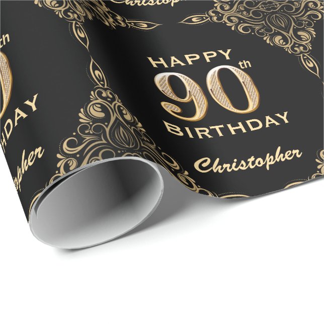 Papel De Presente 90 Birthday Black and Dourado Glitter Frame (Ponta do rolo)