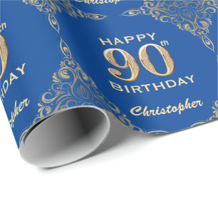 Papel De Presente 90 Birthday Blue e Dourado quadro Glitter