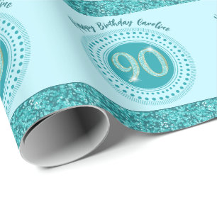 Papel De Presente 90 de Aniversário Elegante Azul-Teal Brilhante e E
