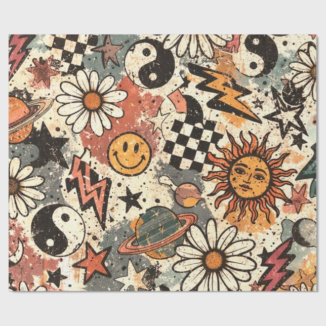 Papel De Presente 90s Happy Faces Sun Flowers Pattern (Aberto)