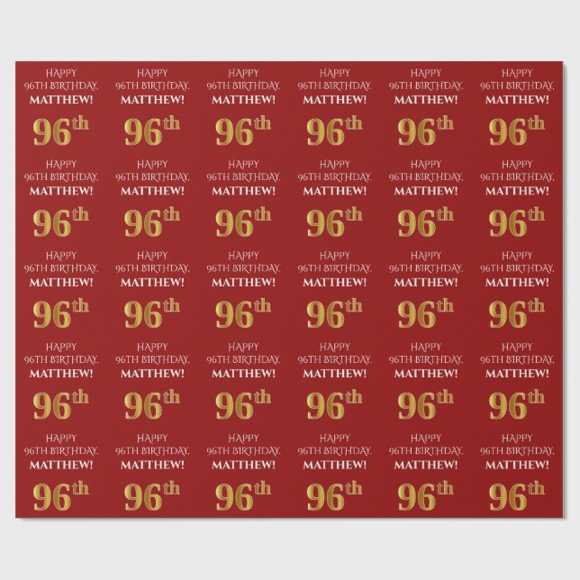 Papel De Presente 96º aniversário: Elegante, Vermelho, Faux Dourado  (Aberto)