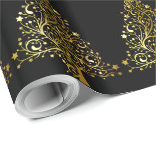Papel De Presente A árvore de Natal Stars o olhar metálico Dourado