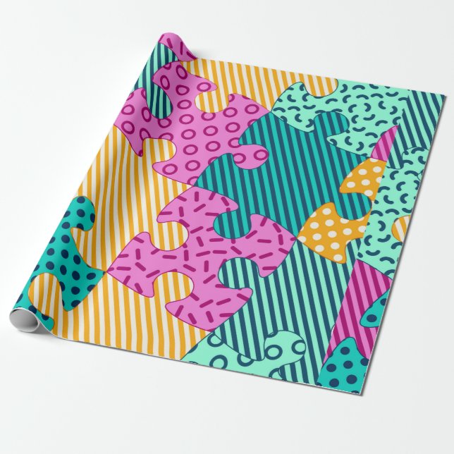 Papel De Presente A faixa com quebra-cabeça geométricos, Memphis bac (Desenrolado)