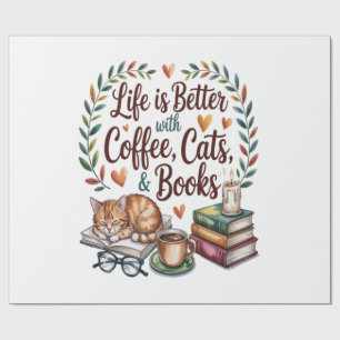 Papel De Presente A Vida é Melhor com Café Gatos Livros