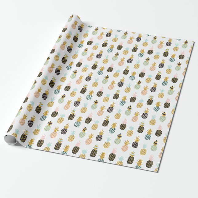 Papel De Presente Abacaxi com brilho dourado, padrão criativo. (Desenrolado)