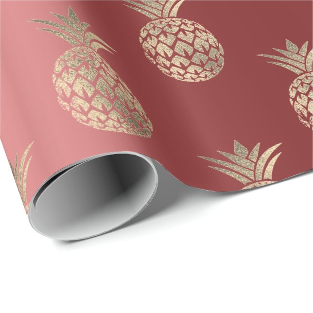 Papel De Presente Abacaxi Fruta Faux Dourado Tropical Summer Burgund (Ponta do rolo)