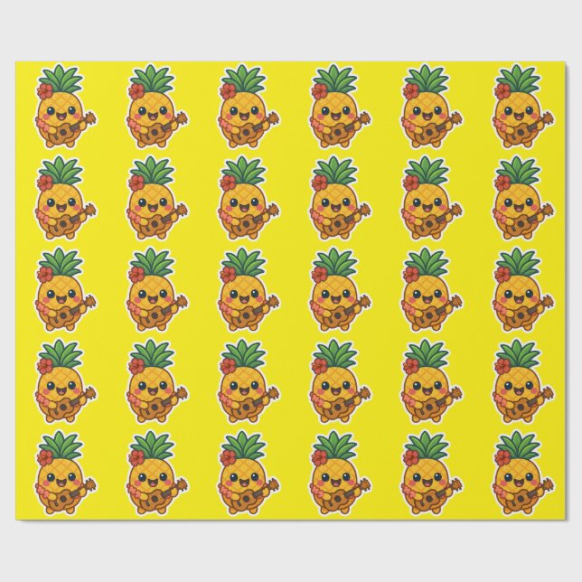 Papel De Presente Abacaxi Kawaii sorridente - Tropical (Aberto)