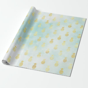 Papel De Presente Abacaxis Dourados Tropicais Aqua Branco