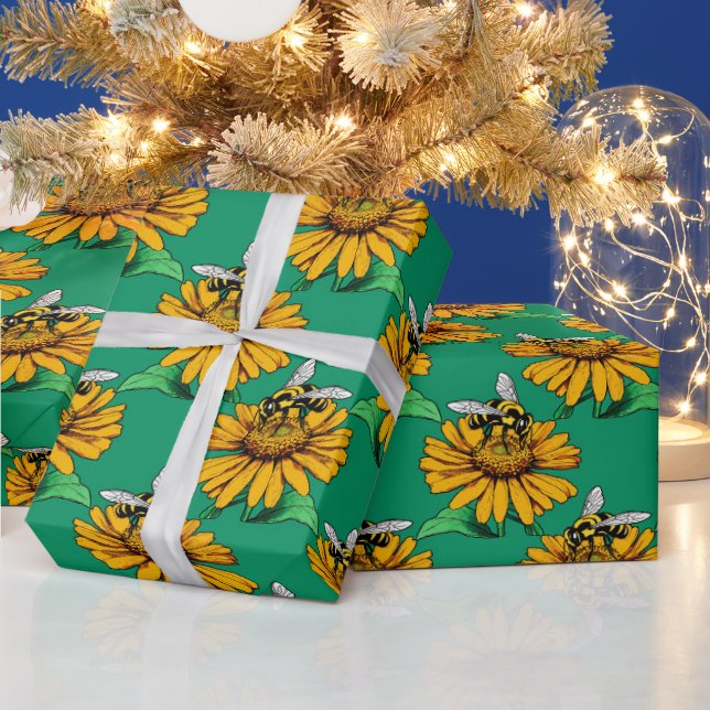 Papel De Presente Abeha no Design de Padrão de Flor de Girassol Verd (Feriados)